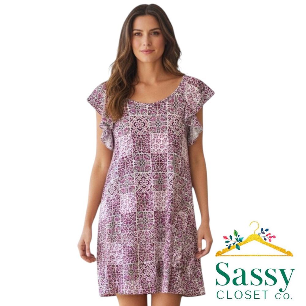LOFT Purple White Floral Flutter Sleeve Empire Dress L Large Casual EUC